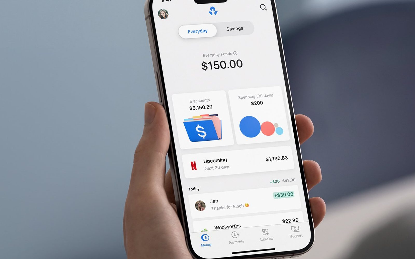 ANZ Plus Money screen showing balances, accounts and transactions